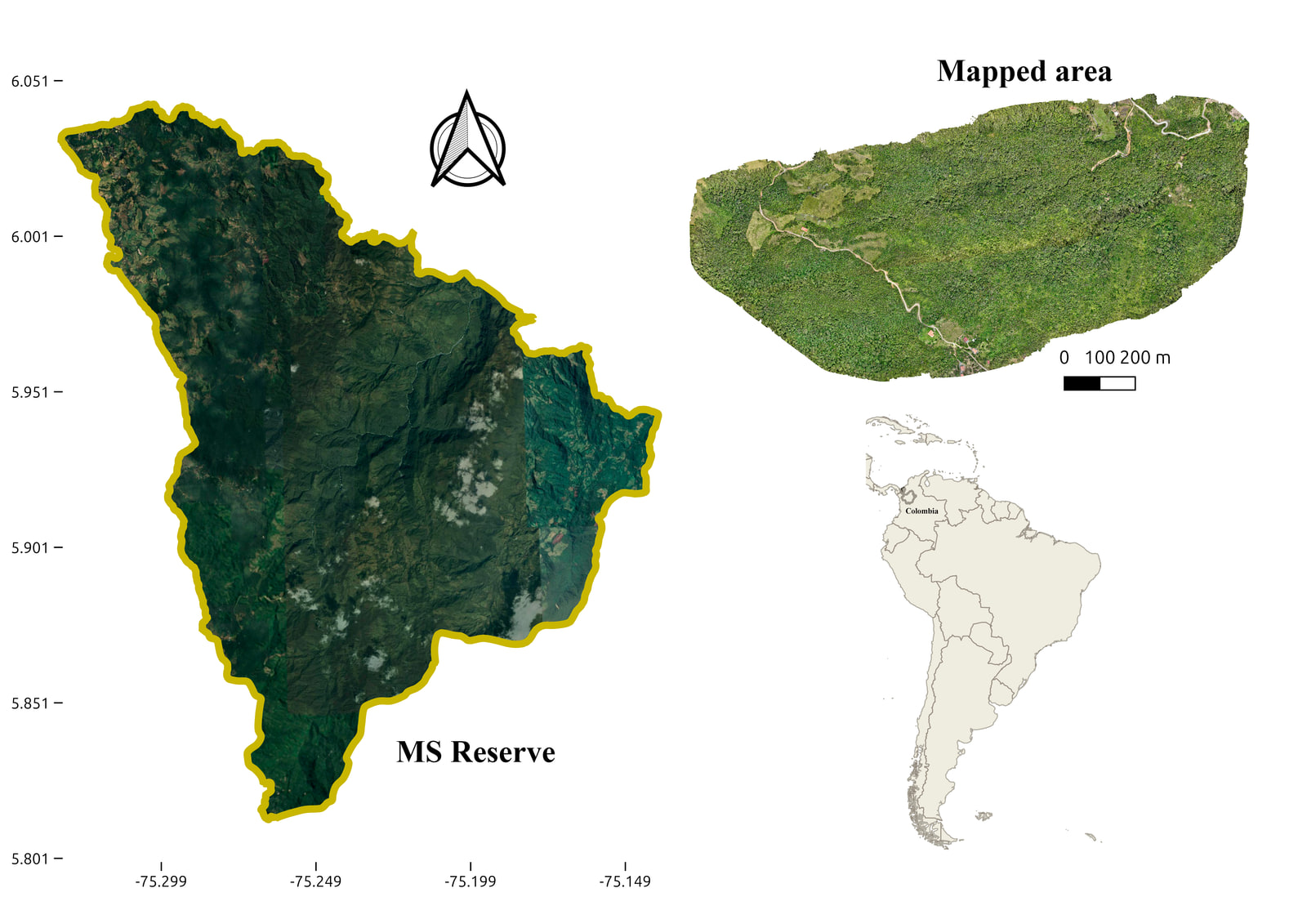 Two-panel map. Left, a satellite view of the MS Reserve outlined in yellow with a latitude and longitude graticule. Right, the drone orthomosaic of the mapped block above an inset map of South America locating Colombia.